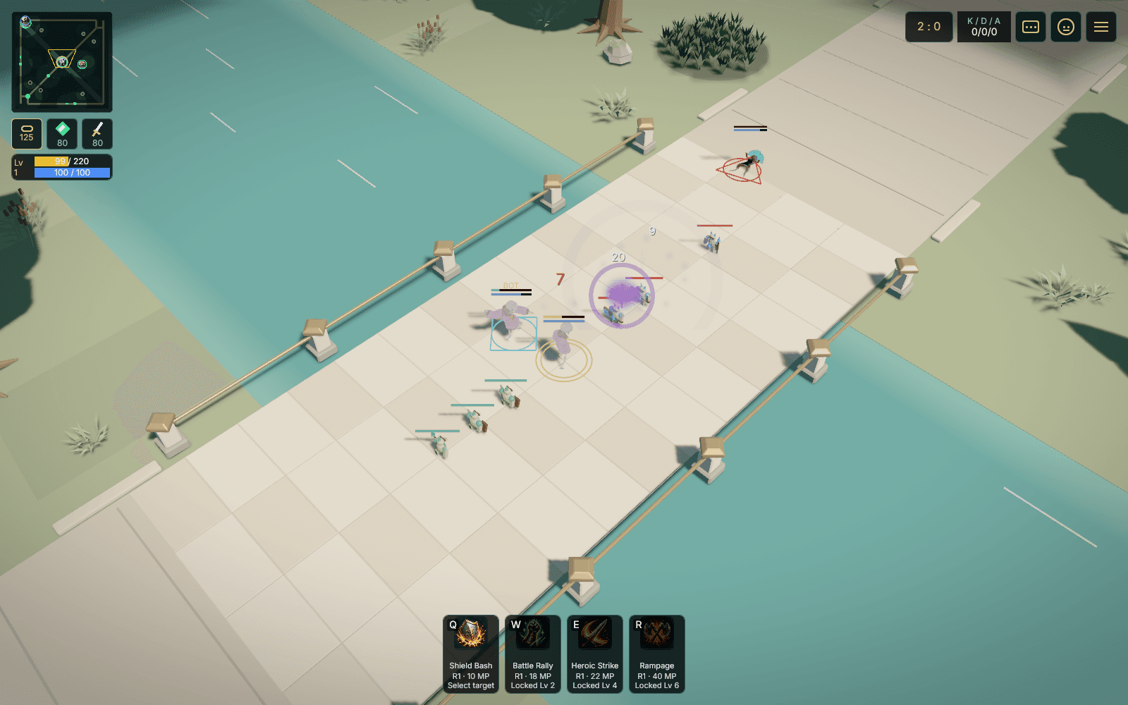 OMOBA desktop test build: a Warrior, allied bots and minions meet the enemy wave on the mid-lane bridge of the Verdant Confluence arena