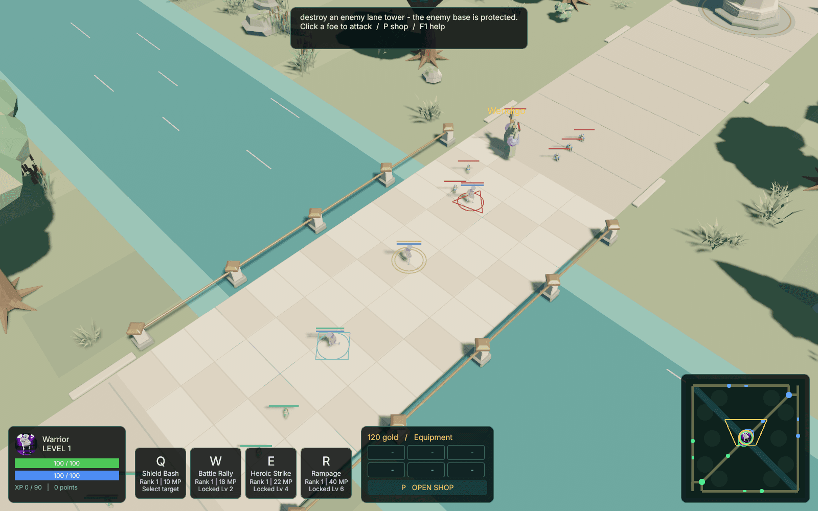 Omoba desktop test build: heroes and minions clash on a lane in the Verdant Confluence arena