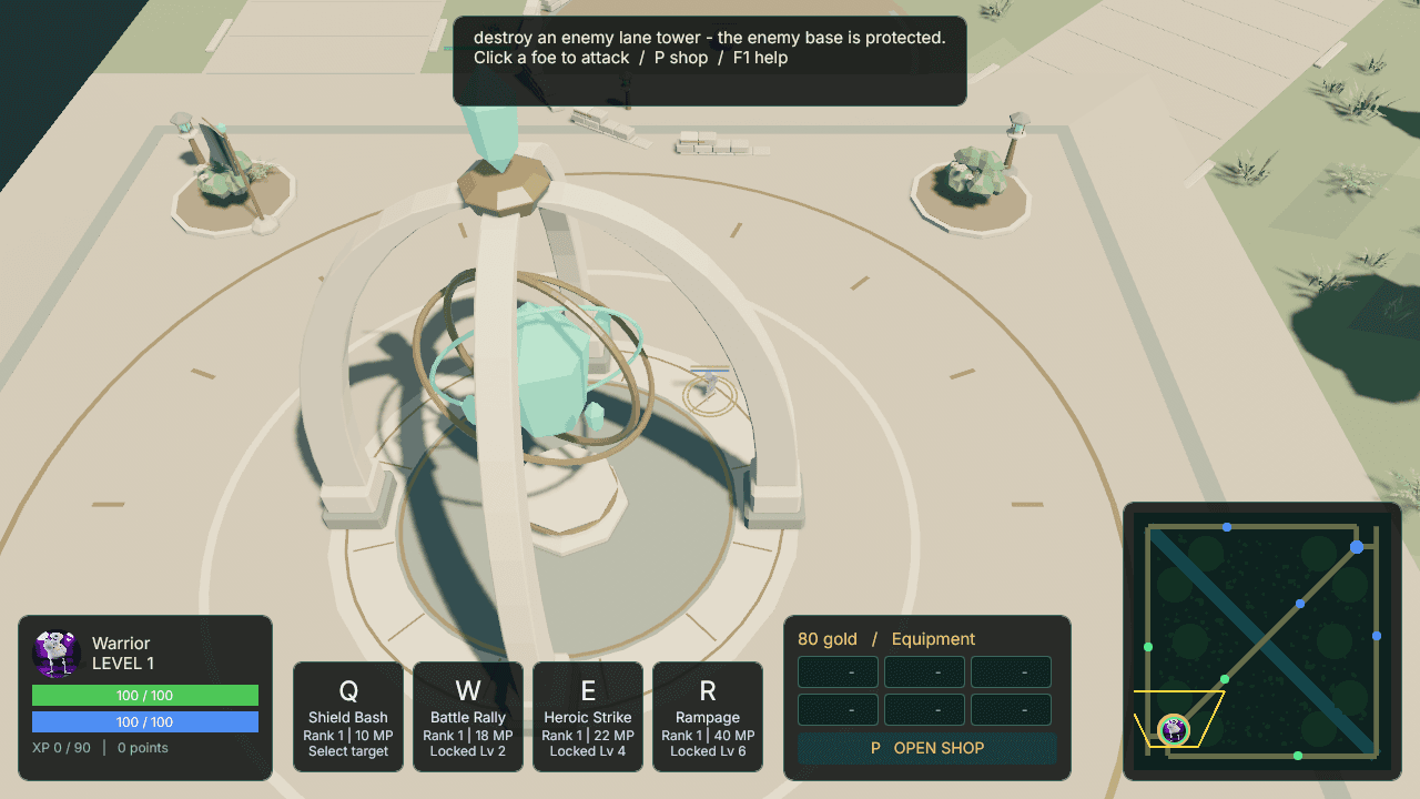 Omoba desktop beta at the team base with keyboard ability shortcuts along the bottom and the minimap on the right