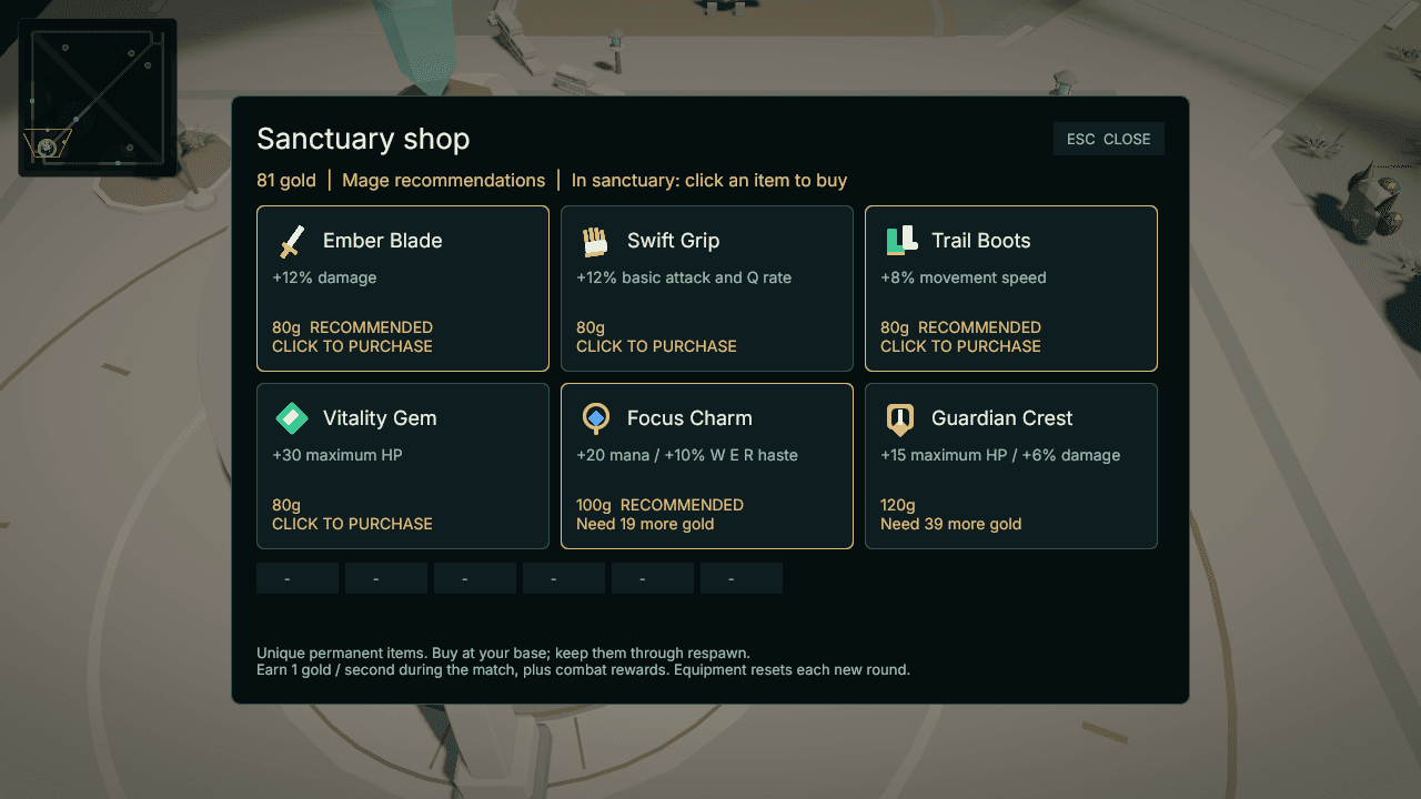 OMOBA desktop Sanctuary shop displaying equipment effects, gold costs and class recommendations