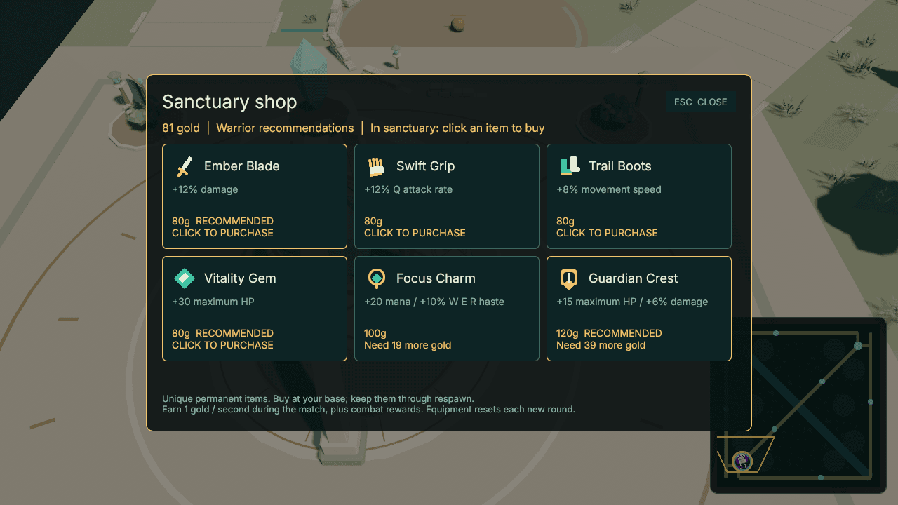 Omoba desktop Sanctuary shop displaying equipment effects, gold costs and class recommendations