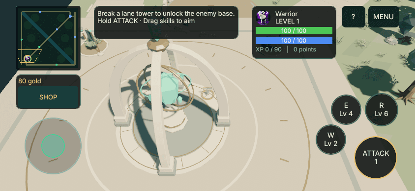 Omoba mobile interface preview with a left movement joystick, attack and skill buttons on the right, and the minimap at the top left