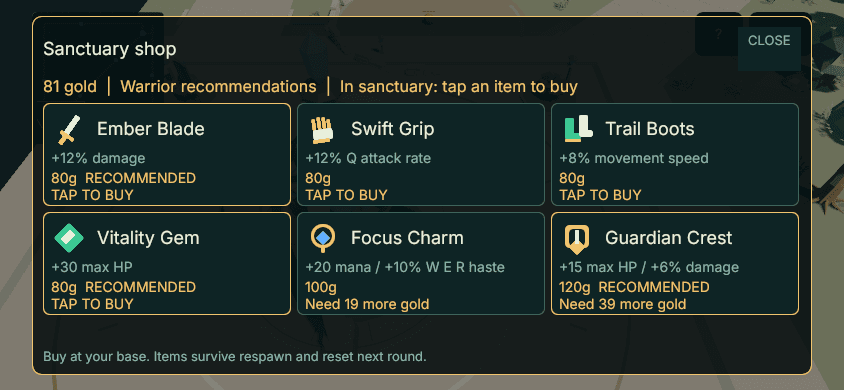 Mobile shop preview with six large equipment cards showing prices, effects and recommendations